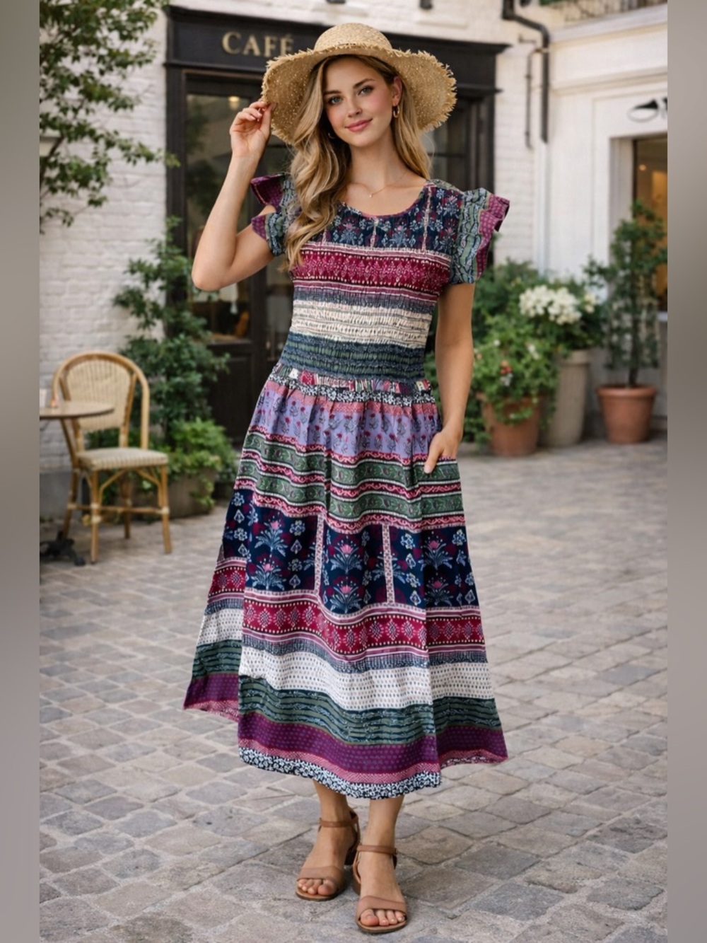 LEA Smocked Flutter Sleeve Cotton Midi Dress Pockets Boho Patchwork Size M